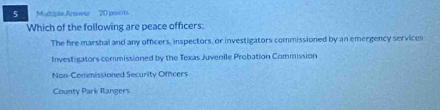 Multiple Answer 20 points
Which of the following are peace officers:
The fire marshal and any officers, inspectors, or investigators commissioned by an emergency services
Investigators commissioned by the Texas Juvenile Probation Commission
Non-Commissioned Security Officers
County Park Rangers