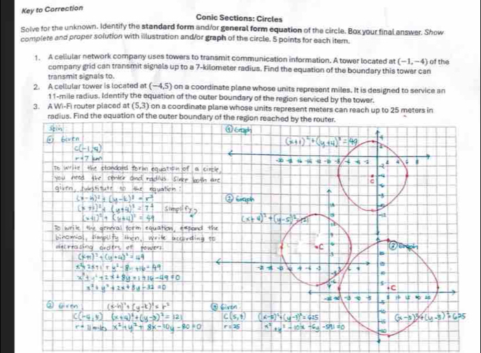 Solved: Key to Carrection Conic Sections: Circles Solve for the unknown ...