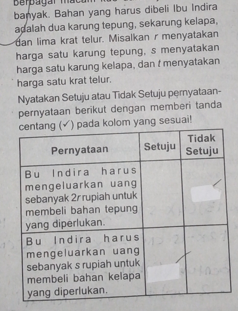 Berpagar maca 
banyak. Bahan yang harus dibeli Ibu Indira 
adalah dua karung tepung, sekarung kelapa, 
dan lima krat telur. Misalkan r menyatakan 
harga satu karung tepung, s menyatakan 
harga satu karung kelapa, dan t menyatakan 
harga satu krat telur. 
Nyatakan Setuju atau Tidak Setuju pęrnyataan- 
pernyataan berikut dengan memberi tanda 
om yang sesuai!