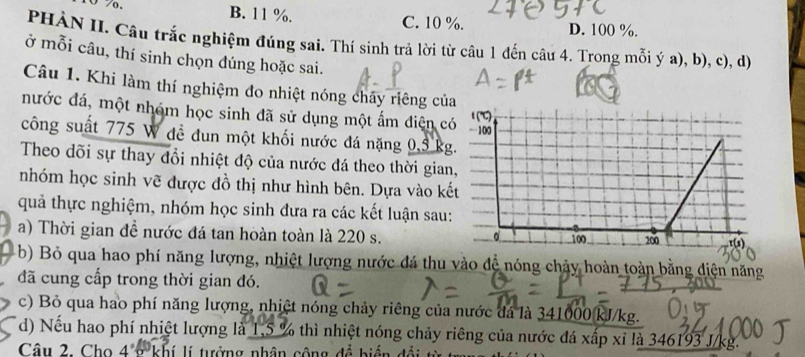 B. 11 %. C. 10 %. D. 100 %.
PHÀN II. Câu trắc nghiệm đúng sai. Thí sinh trả lời từ câu 1 đến câu 4. Trong mỗi ý a), b), c), d)
ở mỗi câu, thí sinh chọn đúng hoặc sai.
Câu 1. Khi làm thí nghiệm đo nhiệt nóng chãy riêng củ
nước đá, một nhóm học sinh đã sử dụng một ấm điện c
công suất 775 W để đun một khối nước đá nặng 0,3 kg
Theo dõi sự thay đồi nhiệt độ của nước đá theo thời gia
nhóm học sinh vẽ được đồ thị như hình bên. Dựa vào k
quả thực nghiệm, nhóm học sinh đưa ra các kết luận sau
a) Thời gian đề nước đá tan hoàn toàn là 220 s. 
b) Bỏ qua hao phí năng lượng, nhiệt lượng nước đá thu vào đề nóng chảy hoàn toàn bằng điện năng
đã cung cấp trong thời gian đó.
c) Bỏ qua hao phí năng lượng, nhiệt nóng chảy riêng của nước đá là 341000 kJ/kg.
d) Nếu hao phí nhiệt lượng là 1,5 % thì nhiệt nóng chảy riêng của nước đá xấp xỉ là 346193 J/kg.
Câu 2. Cho 4 ở khí lí trởng nhân cộng đề biển đổi từ