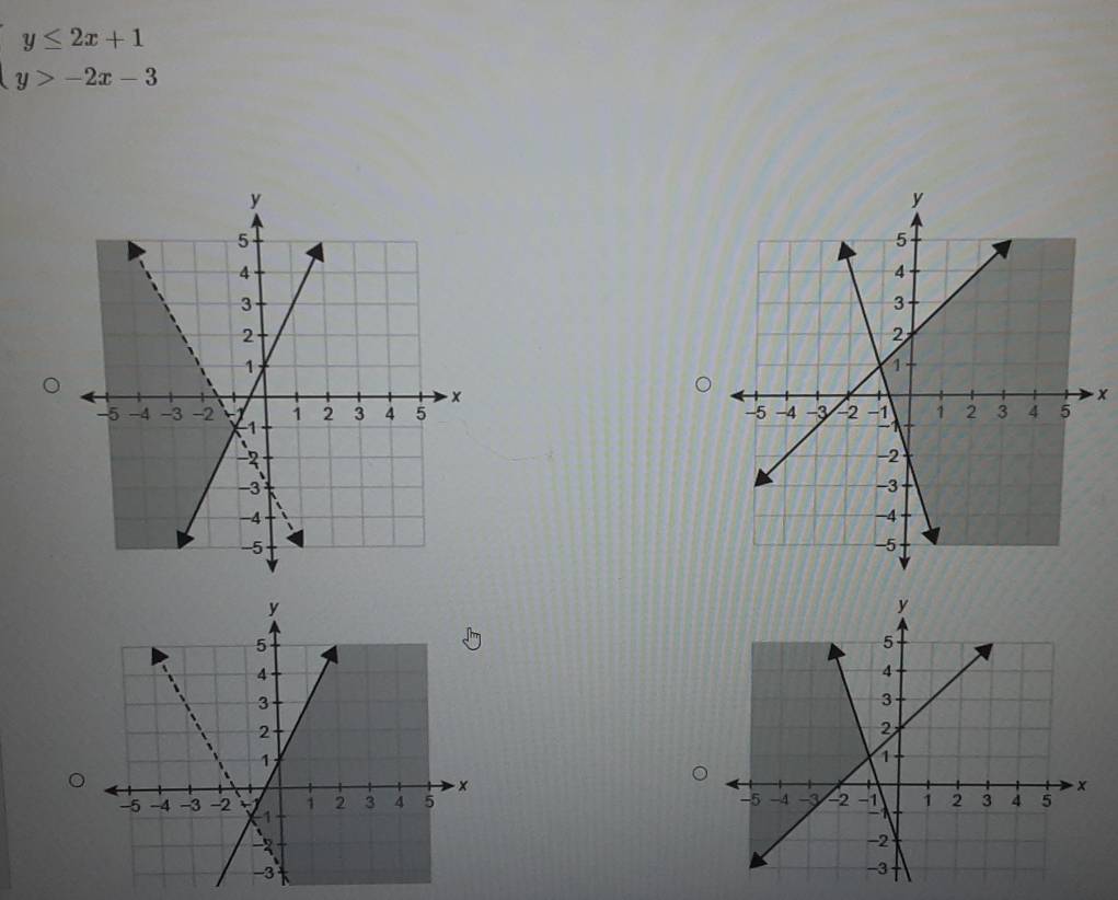 beginarrayl y≤ 2x+1 y>-2x-3endarray.