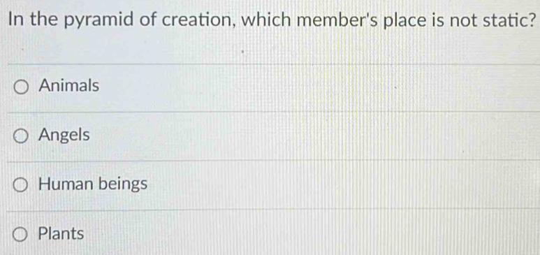 In the pyramid of creation, which member's place is not static?
Animals
Angels
Human beings
Plants