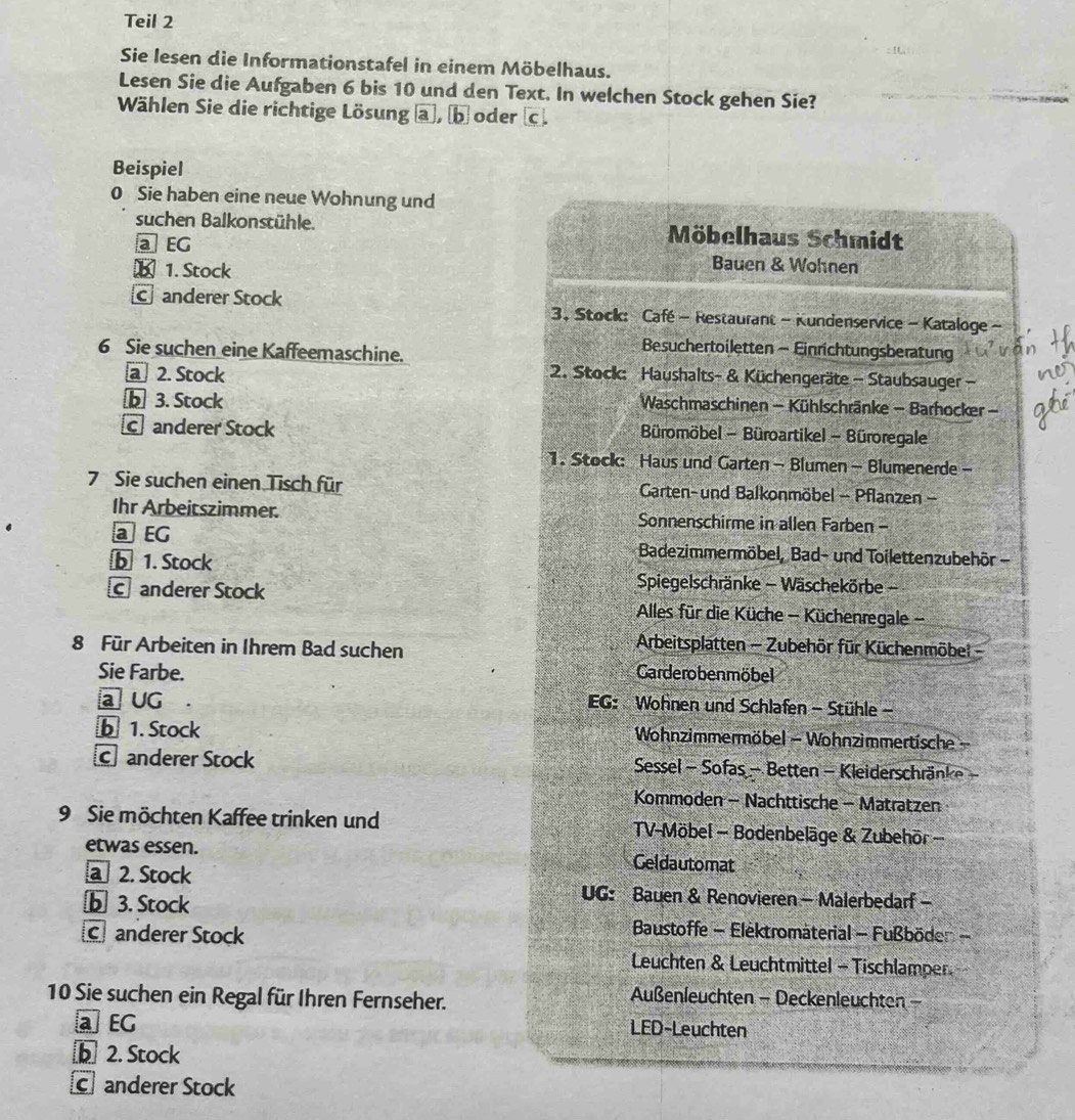 Teil 2
Sie lesen die Informationstafel in einem Möbelhaus.
Lesen Sie die Aufgaben 6 bis 10 und den Text. In welchen Stock gehen Sie?
Wählen Sie die richtige Lösung a, b oder c.
Beispiel
0 Sie haben eine neue Wohnung und
suchen Balkonstühle. Möbelhaus Schmidt
a EG
€ 1. Stock
Bauen & Wohnen
canderer Stock  3, Stock: Café - Restaurant - Kundenservice - Kataloge -
6 Sie suchen eine Kaffeemaschine.
Besuchertoiletten - Einrichtungsberatung
a 2. Stock  2. Stock: Haushalts- & Küchengeräte - Staubsauger -
b 3. Stock  Waschmaschinen - Kühlschränke - Barhocker -
C anderer Stock  Büromöbel - Büroartikel - Büroregale
1. Stock: Haus und Garten - Blumen - Blumenerde -
7 Sie suchen einen Tisch für  Garten-und Balkonmöbel - Pflanzen -
Ihr Arbeitszimmer. Sonnenschirme in allen Farben -
a EG  Badezimmermöbel, Bad- und Toilettenzubehör -
ⓑ 1. Stock  Spiegelschränke - Wäschekörbe -
c anderer Stock  Alles für die Küche - Küchenregale -
8 Für Arbeiten in Ihrem Bad suchen
Arbeitsplatten - Zubehör für Küchenmöbel -
Sie Farbe. Garderobenmöbel
a UG
EG: Wohnen und Schlafen - Stühle -
b 1. Stock  Wohnzimmermöbel - Wohnzimmertische-
ch anderer Stock  Sessel - Sofas - Betten - Kleiderschränk  
Kommoden - Nachttische - Matratzen
9 Sie möchten Kaffee trinken und  TV-Möbel - Bodenbeläge & Zubehör 
etwas essen. Geldautomat
a 2. Stock UG: Bauen & Renovieren - Malerbedarf -
ⓑ 3. Stock
Canderer Stock
Baustoffe - Elektromäterial - Fußböden -
Leuchten & Leuchtmittel - Tischlamper
10 Sie suchen ein Regal für Ihren Fernseher.
Außenleuchten - Deckenleuchten -
a] EG LED-Leuchten
b 2. Stock
c anderer Stock