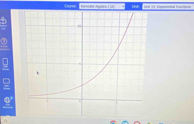 Course: Remedial Algebra I(A) Unit: Unit 15: Exponential Functions 
lead a 
Umit 
Screen 
Screen Split 
Unit 
Refeences