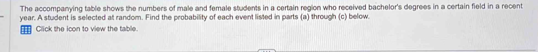 The accompanying table shows the numbers of male and female students in a certain region who received bachelor's degrees in a certain field in a recent
year. A student is selected at random. Find the probability of each event listed in parts (a) through (c) below. 
Click the icon to view the table.
