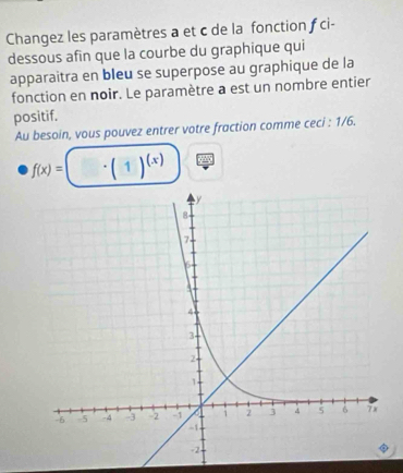 Changez les paramètres a et c de la fonction f ci- 
dessous afin que la courbe du graphique qui 
apparaitra en bleu se superpose au graphique de la 
fonction en noir. Le paramètre a est un nombre entier 
positif. 
Au besoin, vous pouvez entrer votre fraction comme ceci : 1/6.
f(x)= · (1)^(x)