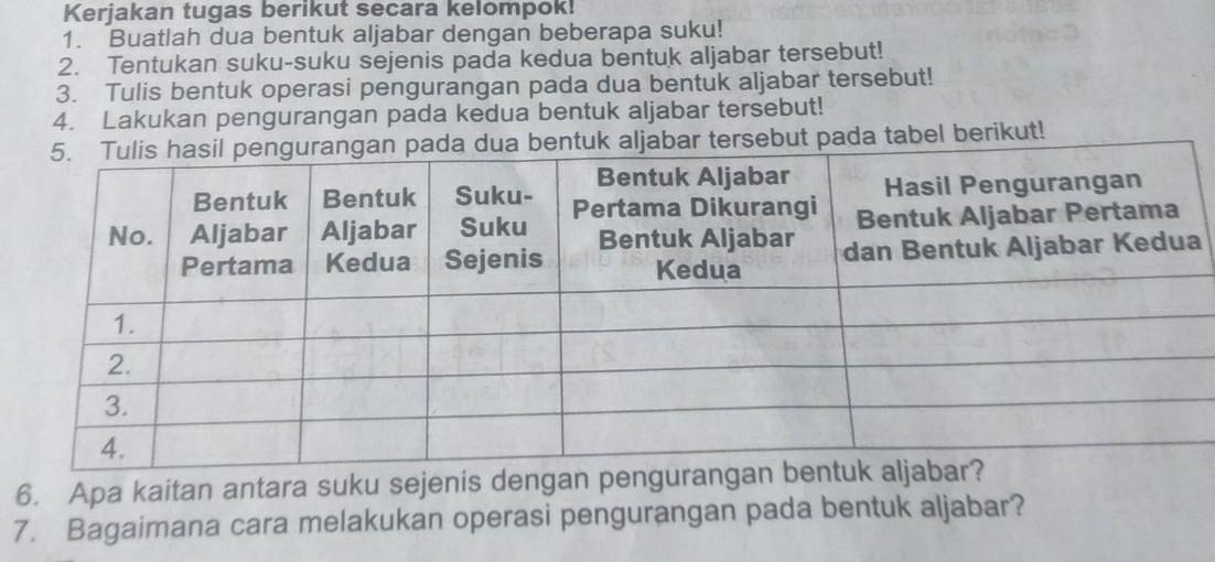 Kerjakan tugas berikut secara kelompok! 
1. Buatlah dua bentuk aljabar dengan beberapa suku! 
2. Tentukan suku-suku sejenis pada kedua bentuk aljabar tersebut! 
3. Tulis bentuk operasi pengurangan pada dua bentuk aljabar tersebut! 
4. Lakukan pengurangan pada kedua bentuk aljabar tersebut! 
but pada tabel berikut! 
6. Apa kaitan antara suku sejenis dengan pengurang 
7. Bagaimana cara melakukan operasi pengurangan pada bentuk aljabar?