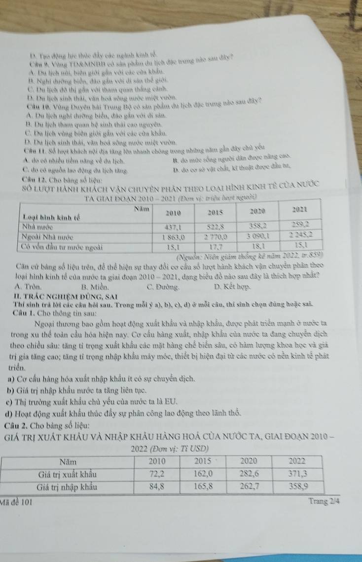 D. Tạo động hực thức đây các ngành kinh tổ.
Cầu 9 Vùng TĐ& MNHH có sảu phẩm du lịch đặc trung nào sau đây?
A. Du lịch núi, biên giới gần với các cửa khẩu.
H. Nghi dường biển, đảo gần với di sản thể giới.
C. Du lịch đô thị gần với tham quan thắng cảnh.
D. Du lịch sinh thái, văn hoá sông nước miệt vườn.
Cầu 10. Vùng Duyên hải Trung Bộ có sản phẩm du tịch đặc trung nào sau đây?
A. Du lịch nghị dưỡng biển, đảo gần với di sản.
B. Du lịch tham quan hệ sinh thái cao nguyên.
C. Du lịch vùng biên giới gần với các cửa khẩu.
D. Du lịch sinh thái, văn hoá sông nước miệt vườn
Cầu H. Số lượt khách nội địa tăng lên nhanh chóng trong những năm gần đây chủ yêu
A. do có nhiều tiềm năng về du lịch. B. do mức sống người dân được năng cao.
C. do có nguồn lao động du lịch tăng. D. do cơ sở vật chất, kĩ thuật được đầu tư,
Câu 12. Cho bảng số liệu:
Số lượt hành khách vận chuyên phân theo loại hình kinh tê của nước
ườ
Căn cứ bảng số liệu trên, để thể hiện sự thay đổi cơ cầu số lượt hành khách vận chuyển phân theo
loại hình kinh tế của nước ta giai đoạn 2010 - 2021, đạng biểu đồ nào sau đây là thích hợp nhất?
A. Tròn. B. Miền. C. Đường. D. Kết hợp.
I. trác nghiệm đúng, sai
Thí sinh trả lời các câu hồi sau. Trong mỗi ý a), b), c), d) ở mỗi câu, thí sinh chọn đúng hoặc sai.
Câu 1. Cho thông tin sau:
Ngoại thương bao gồm hoạt động xuất khẩu và nhập khẩu, được phát triển mạnh ở nước ta
trong xu thể toàn cầu hóa hiện nay. Cơ cầu hàng xuất, nhập khẩu của nước ta đang chuyển dịch
theo chiều sâu: tăng tỉ trọng xuất khẩu các mặt hàng chế biển sâu, có hàm lượng khoa học và giá
trị gia tăng cao; tăng tỉ trọng nhập khẩu máy móc, thiết bị hiện đại từ các nước có nền kinh tế phát
triển.
a) Cơ cầu hàng hóa xuất nhập khẩu ít có sự chuyển dịch.
b) Giá trị nhập khẩu nước ta tăng liên tục.
c) Thị trường xuất khẩu chủ yếu của nước ta là EU.
d) Hoạt động xuất khẩu thúc đẩy sự phân công lao động theo lãnh thổ.
Câu 2. Cho bảng số liệu:
giá trị xuát khảu và nhập khẩu hàng hoá của nước ta, giai đoạn 2010 -
2022 (Đơn vị: Tỉ USD)
M