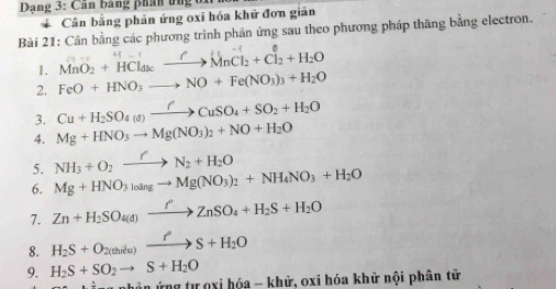 Dạng 3: Cân bảng phân ứng bx 
Cân bằng phản ứng oxi hóa khử đơn giản 
Bài 21: Cân bằng các phương trình phản ứng sau theo phương pháp thăng bằng electron. 
1. MnO_2+HCl_akto Mn^-l_2+Cl_2+H_2O
2. FeO+HNO_3to NO+Fe(NO_3)_3+H_2O
3. Cu+H_2SO_4(s)xrightarrow fCuSO_4+SO_2+H_2O
4. Mg+HNO_3to Mg(NO_3)_2+NO+H_2O
5. NH_3+O_2xrightarrow fN_2+H_2O
6. Mg+HNO_3to Mg(NO_3)_2+NH_4NO_3+H_2O
7. Zn+H_2SO_4(d)xrightarrow I^,ZnSO_4+H_2S+H_2O
8. H_2S+O_2(thilu)xrightarrow fS+H_2O
9. H_2S+SO_2to S+H_2O
T ứng tự gxi hóa - khử, oxi hóa khử nội phân tử