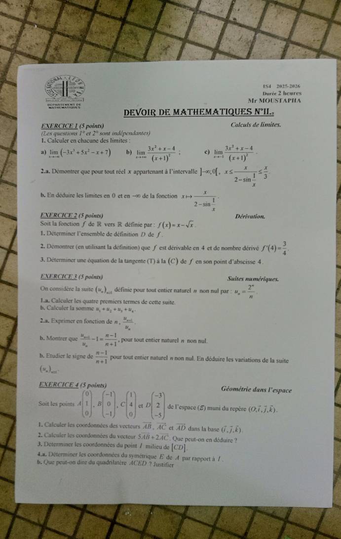 Solved: 1S4 2025-2026 Durée 2 heures Mr MOUSTAPHA DeVOir De ...