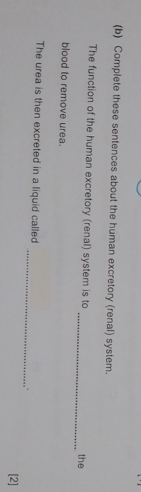 Complete these sentences about the human excretory (renal) system. 
The function of the human excretory (renal) system is to 
_the 
blood to remove urea. 
_ 
The urea is then excreted in a liquid called 
` 
[2]