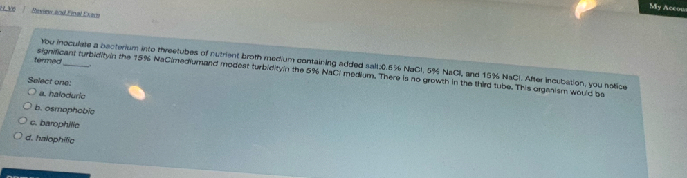 My Accou
H V6 Review and Final Exam
termed
You inoculate a bacterium into threetubes of nutrient broth medium containing added salt: 0.5% NaCl, 5% NaCl, and 15% NaCl. After incubation, you notice
significant turbidityin the 15% NaClmediumand modest turbidityin the 5% NaCl medium. There is no growth in the third tube. This organism would be
Select one:
a. haloduric
b. osmophobic
c. barophilic
d. halophilic