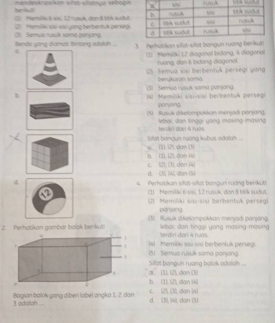 mendeskrpsikan sifat-sifatnyo sebaga
berrkut! 
(2) Memillik 6 sisí, 12 rusuk, dan 8 titik sudut
2) Memiliki sisi-sisi yang berbentuk persegi.
(3) Semua rusuk sama panjang 
Benda yang diamatí Bintang adalah .... 3. Perhatikan sífat-sífat bangun ruang ber
1) Memilíki 12 diagonal bidang, 4 diagonal
ruang, dan 6 bidang diagonal.
2). Semua sisí berbentuk persegi yang
berukuran sama.
(3) Semua rusuk sama panjang.
b (4) Memiliki sisi-sisi berbentuk persegi
panjang.
(5) Rusuk dikelompokkan menjadi panjang,
lebar, dan tinggi yang masing-masing
terdirí darí 4 ruas.
Sifat bangun ruang kubus adalah ....
a_(1), (2), dan (3)
b. (1), (2), dan (4)
c. (2), (3), dan (4)
d. (3), (4), dan (5)
d
4. Perhatikan sifat-sifat bangun ruang berikut|
(1) Memiliki 6 sisi, 12 rusuk, dan 8 titik sudut.
2) Memiliki sisı-sísi berbentuk persegi
panjang.
(3) Rusuk dikelompokkan menjadi panjang.
2. Perhatikan gambar balok berikut!  lebar, dan tinggi yang masing-masing
terdiri dari à ruas.
(4)  Memiliki sisi-sisí berbentuk persegi.
(5) Semua rusuk sama panjang.
Sifat bangun ruang balok adalah ....
a (1), (2), dan (3)
b. (1), (2), dan (4)
c. (2), (3), dan (4)
Bagian balok yang diberi label angka 1, 2, dan d. (3), (4), dan (5)
3 adalah_