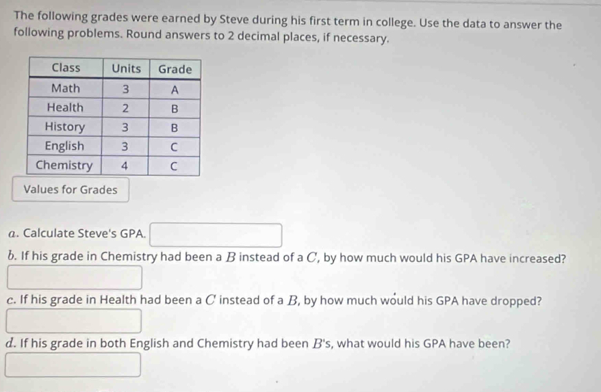 The following grades were earned by Steve during his first term in college. Use the data to answer the 
following problems. Round answers to 2 decimal places, if necessary. 
Values for Grades 
@. Calculate Steve's GPA. □ 
b. If his grade in Chemistry had been a B instead of a C, by how much would his GPA have increased? 
□ 
c. If his grade in Health had been a C instead of a B, by how much would his GPA have dropped? 
□  □ 
d. If his grade in both English and Chemistry had been B's , what would his GPA have been? 
□ □ 