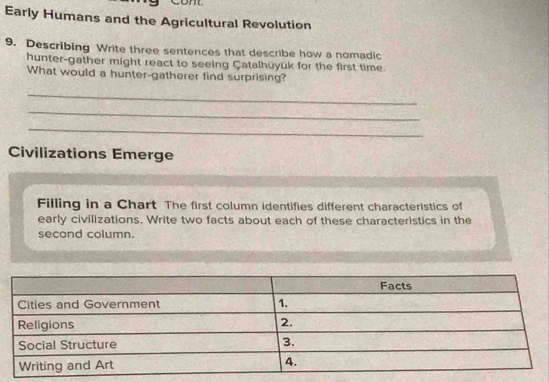 Early Humans and the Agricultural Revolution 
9. Describing Write three sentences that describe how a nomadic 
hunter-gather might react to seeing Çatalhüyük for the first time. 
What would a hunter-gatherer find surprising? 
_ 
_ 
_ 
Civilizations Emerge 
Filling in a Chart The first column identifies different characteristics of 
early civilizations. Write two facts about each of these characteristics in the 
second column.