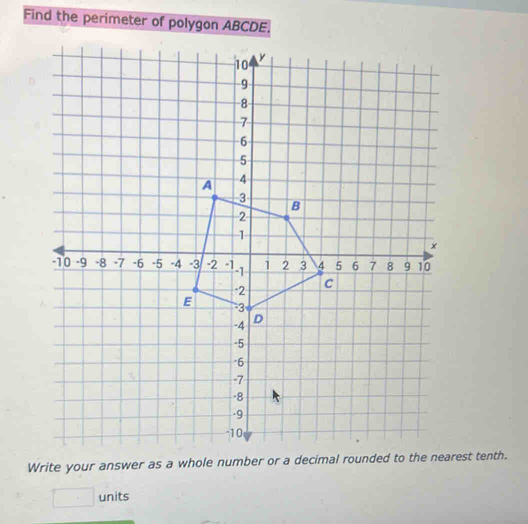 Find the perimeter of polygon ABCDE. 
Write your answer as a whole number or a decimal rounded to the nearest tenth. 
□ units