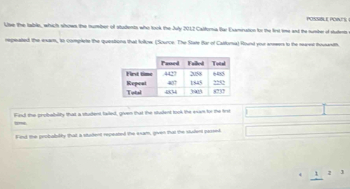 POSSIBLE PONTS 
Use the table, which shows the number of students who took the July 2012 California Bar Examination for the first time and the number of students 
regeated the exam, to complete the questions that follow (Source. The State Bar of Calfornia) Round your answers to the nearest thousandth. 
Find the probability that a student failed, given that the student took the exam for the first 
time. 
Find the probability that a student repeated the exam, given that the student passed.
4 1 2 3