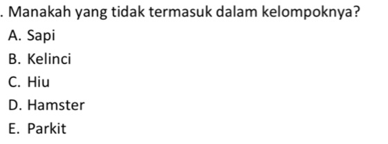 Manakah yang tidak termasuk dalam kelompoknya?
A. Sapi
B. Kelinci
C. Hiu
D. Hamster
E. Parkit