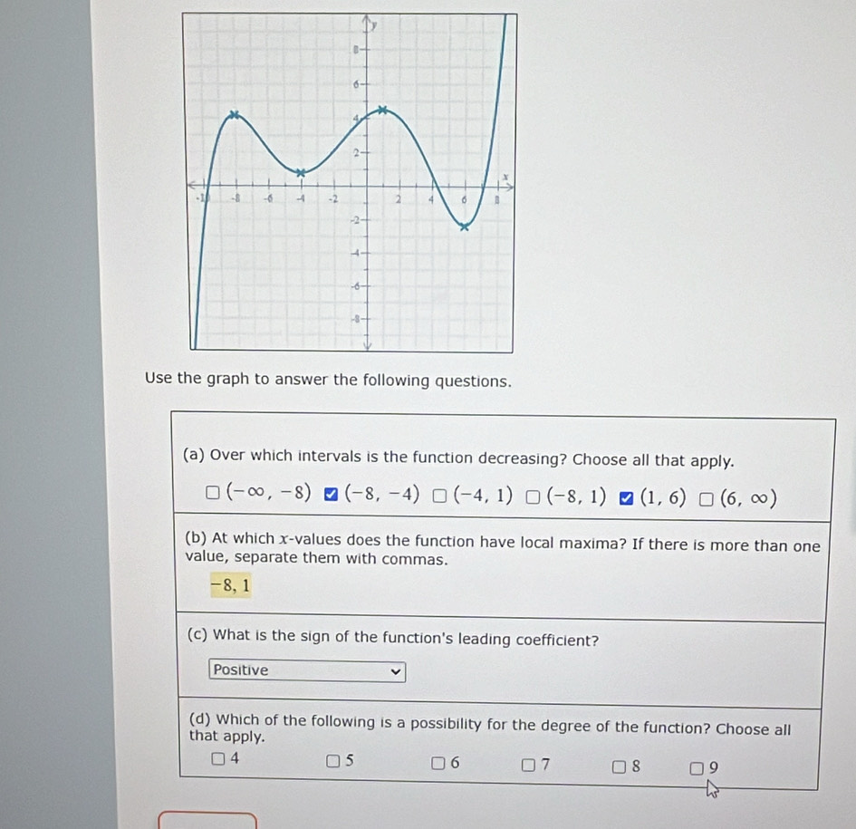 Use
(a) Over which intervals is the function decreasing? Choose all that apply.
(-∈fty ,-8) (-8,-4) (-4,1) (-8,1) (1,6) (6,∈fty )
(b) At which x -values does the function have local maxima? If there is more than one
value, separate them with commas.
-8, 1
(c) What is the sign of the function's leading coefficient?
Positive
(d) Which of the following is a possibility for the degree of the function? Choose all
that apply.
4
5 6 7 8 9