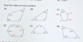 n-_5^
Find the value of each variable.
19.
 
 
22.24.