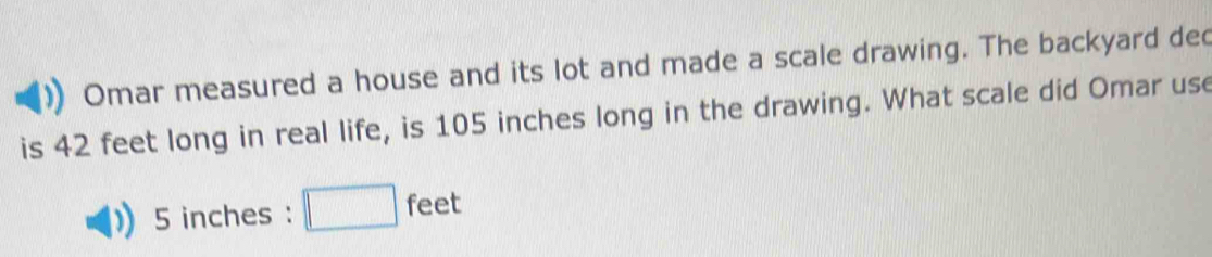 Omar measured a house and its lot and made a scale drawing. The backyard ded 
is 42 feet long in real life, is 105 inches long in the drawing. What scale did Omar use
5 inches : □ feet