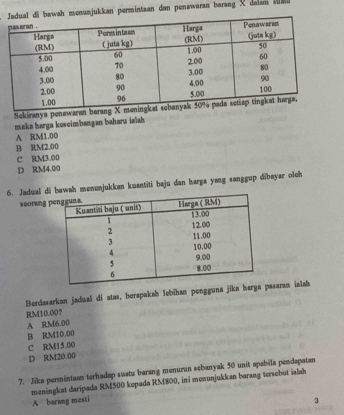 ah menunjukkan permintaan dan penawaran barang X dalam suall
Sekiranya penawaran bar
maka harga keseimbangan baharu ialah
A RM1.00
B RM2.00
C RM3.00
D RM4.00
6. Jadual di bawah menunjukkan kuantiti baju dan harga yang sanggup dibayar oleh
seorang 
Berdasarkan jadual di atas, berapakah lebihan pengguna jika harasaran ialah
RM10.00?
A RM6.00
B RM10.00
C RM15.00
D RM20.00
7. Jika permintaan terhadap suatu barang menurun sebanyak 50 unit apabila pendapatan
meningkat daripada RM500 kepada RM800, ini menunjukkan barang tersebut ialah
A barang mesti 3