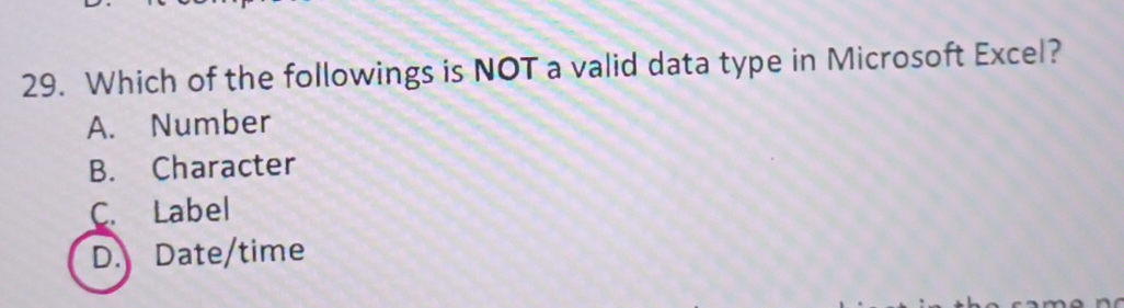 Which of the followings is NOT a valid data type in Microsoft Excel?
A. Number
B. Character
C. Label
D. Date/time