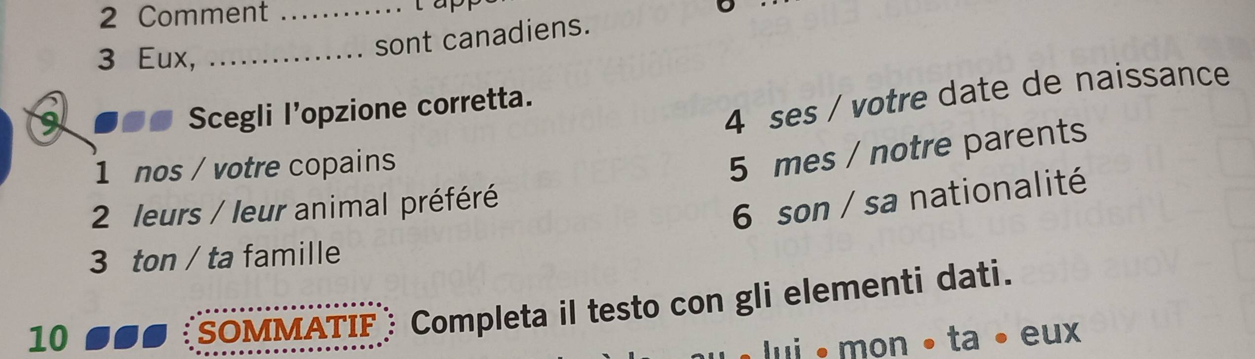 Comment_
3 Eux,_
sont canadiens.
9
4 ses / votre date de naissance
Scegli l’opzione corretta.
1 nos / votre copains
5 mes / notre parents
2 leurs / leur animal préféré
6 son / sa nationalité
3 ton / ta famille
10
SOMMATIF : Completa il testo con gli elementi dati.
• mon • ta • eux