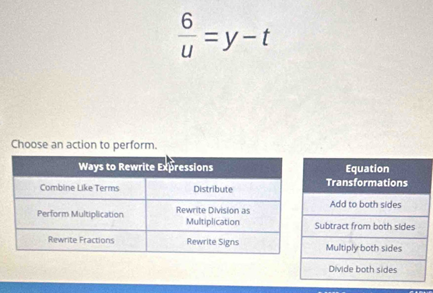  6/u =y-t
Choose an action to perform.