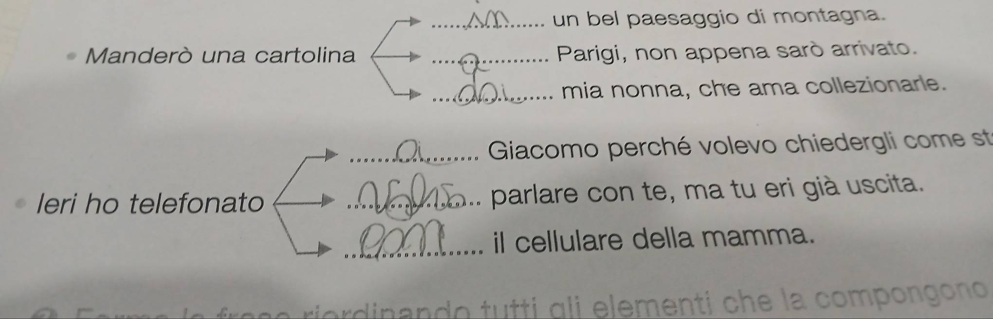 un bel paesaggio di montagna. 
Manderò una cartolina _ Parigi, non appena sarò arrivato. 
_mia nonna, che ama collezionarle. 
_ Giacomo perché volevo chiedergli come st 
leri ho telefonato _parlare con te, ma tu eri già uscita. 
_il cellulare della mamma. 
i e din e n do tu tti a li elementi che la compongono