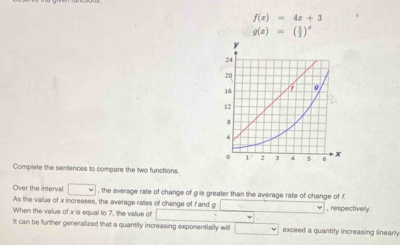 ons
f(x)=4x+3
g(x)=( 5/3 )^x
Complete the sentences to compare the two functions.
Over the interval □ , the average rate of change of g is greater than the average rate of change of f.
As the value of x increases, the average rates of change of f and g □ , respectively.
When the value of x is equal to 7, the value of □^ 1+][]
It can be further generalized that a quantity increasing exponentially will □ exceed a quantity increasing linearly