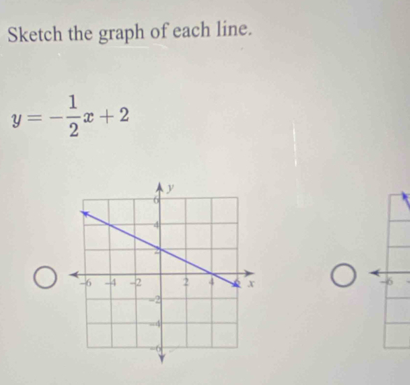 Sketch the graph of each line.
y=- 1/2 x+2