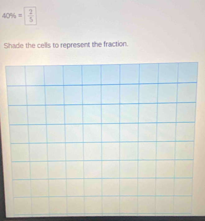 40% = 2/5 
Shade the cells to represent the fraction.