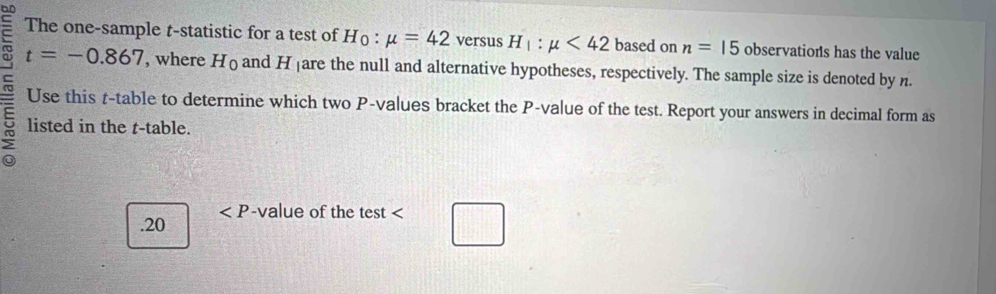 The one-sample t -statistic for a test of H_0:mu =42 versus H_1:mu <42</tex> based on n=15 observations has the value
t=-0.867 , where H_0 and H_1 are the null and alternative hypotheses, respectively. The sample size is denoted by n. 
Use this t -table to determine which two P -values bracket the P -value of the test. Report your answers in decimal form as 
listed in the t -table.
∠ P. 20 -value of the test < 
□