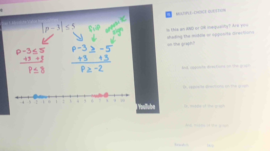 MULTIPLE-CHDICE QUESTION
Day 1 Absolute Va |p-3|≤ 5
Is this an AND or OR inequality? Are you
shading the middle or opposite directions
on the graph?
And, opposite directions on the graph
Or, opposite directions on the graph
# YouTube Di, middle of the graph
And, muste of the graph
Rewatch _l0p