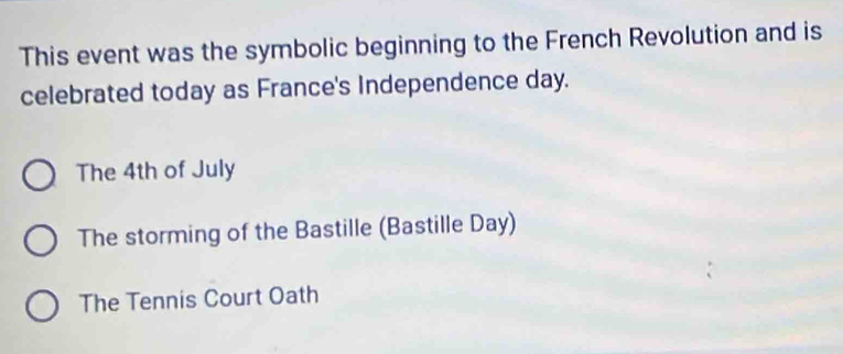 This event was the symbolic beginning to the French Revolution and is
celebrated today as France's Independence day.
The 4th of July
The storming of the Bastille (Bastille Day)
The Tennis Court Oath