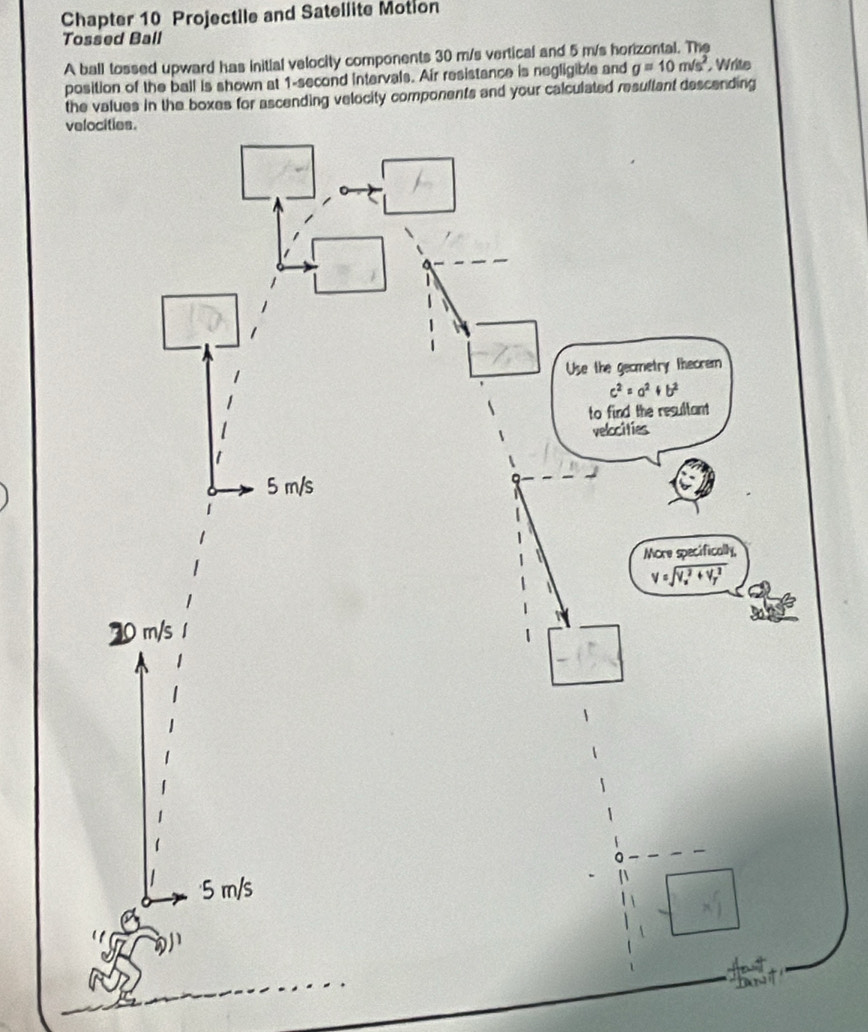 Chapter 10 Projectile and Satellite Motion
Tossed Ball
A ball tossed upward has initial velocity components 30 m/s vertical and 5 m/s horizontal. The
position of the ball is shown at 1-second intervals. Air resistance is negligible and g=10m/s^2 , Write
components and your calculated resultant descending