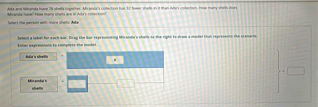 Solved: Ada and Miranda have 76 shells together. Miranda's collection ...