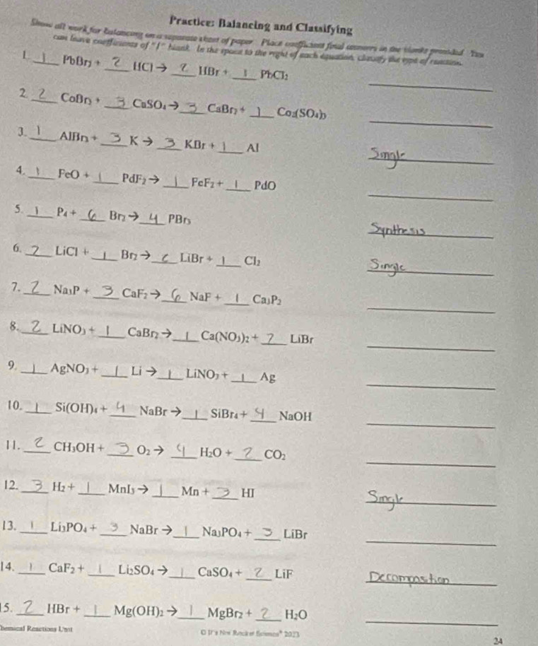 Practice: Balancing and Classifying 
Showe all work for balancing on a suparate sheet of paper . Place coefficinnt final csneers in the blanks presided. You 
can leave coetficients of ''I'' hank. In the spoee to the right of each equation, chavary the spt of reaction. 
_ 
L PbBrj + _ HC] → _  HBr+ _  PbCl_2
_ 
2 _CaB∩ _CuSO₄→_ CaBr_2+ _  Co_2(SO_4)_)
_ 
3. _ AlBn+ _ K →_  KBr+ _ Al
_ 
4._ FeO+ _  PdF_2 _  FeF_2+ _  PdO
5._ P_4+ _  B n _ PBrs
_ 
_ 
6._ LiCl _ Br → _  LiBr+ _  Cl_2
_ 
7._ Na₃P + _  CaF_2 )_  NaF+ _  Ca_3P_2
_ 
8._ L NO ) +_  CaBr _ Ca(NO_3)_2+ _ LiBr
_ 
9._ AgNO1 +_ Li →_ LiNO_3+ _ Ag
_ 
10._ Si(OH)₄+_  NaBr ) _ SiBr₄+ _ NaOH
_ 
11._ CH₃OH + _  O_2to _ H_2O+ _  CO_2
_ 
12._ H₂ +_  MnIs _  Mn+ _  HI
_ 
13._ Li₃PO₄ + _ NaBr _Nay PO_4 + _ LiBr
_ 
14. _ CaF_2+ _ Li₂SO₄ _  CaSO_4+ _ LiF
_ 
_ 
5._ HBr+ _  Mg(OH)_2 →_ MgBr_2+ H_2O
mical Reactions Umt O Ils Now Rncker ficiencs* 2013 
24