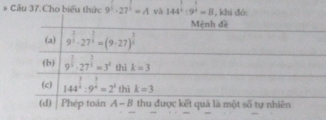 Cầu 37.Cho biểu thức 9^(frac 2)3· 27^(frac 2)3=A và 144^4:9^4=B , khi đó: