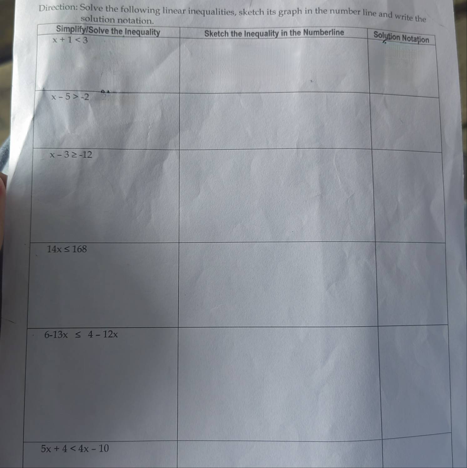 Direction: Solve the following linear inequalities, sketch its graph in the number line and write the
solution notation.
5x+4<4x-10</tex>