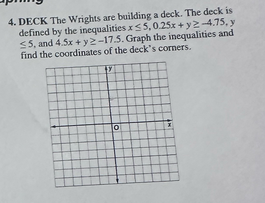 DECK The Wrights are building a deck. The deck is
defined by the inequalities
≤ 5 , and 4.5x+y≥ -17.5. Graph the inequalities and x≤ 5, 0.25x+y≥ -4.75, y T
find the coordinates of the deck’s corners.