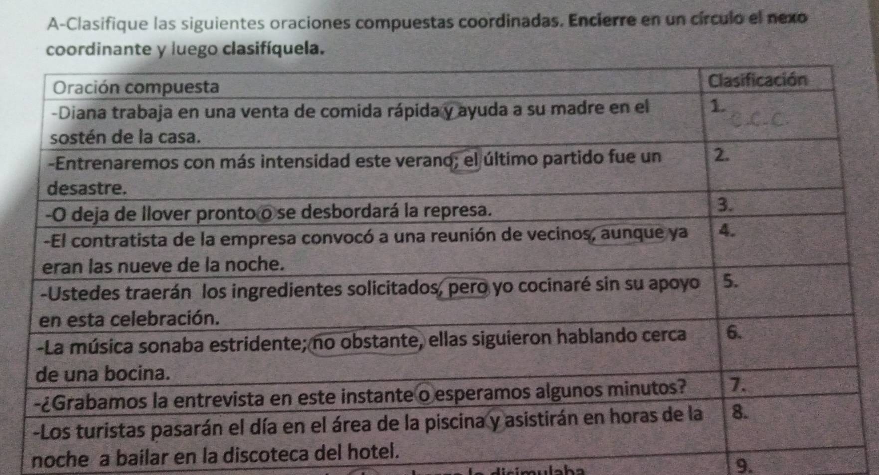 A-Clasifique las siguientes oraciones compuestas coordinadas. Encierre en un círculo el nexo 
coordinante y luego clasifíquela. 
noche a bailar en la discoteca d 
9.