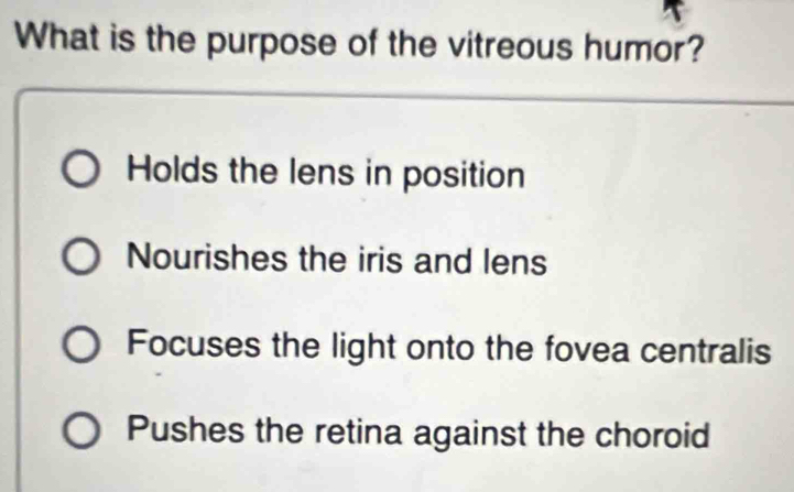Solved: What is the purpose of the vitreous humor? Holds the lens in ...