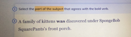 Select the part of the subject that agrees with the bold verb. 
A family of kittens was discovered under SpongeBob 
SquarePants's front porch.