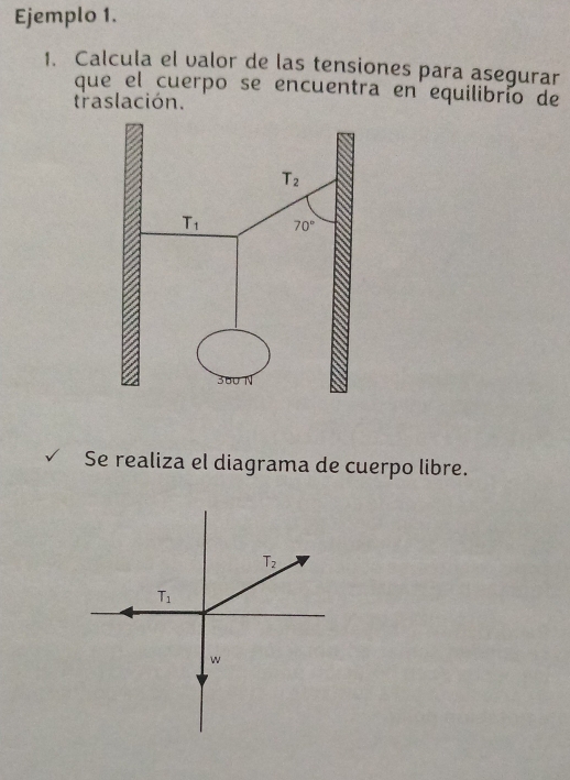 Ejemplo 1.
1. Calcula el valor de las tensiones para asegurar
que el cuerpo se encuentra en equilibrío de
traslación.
Se realiza el diagrama de cuerpo libre.