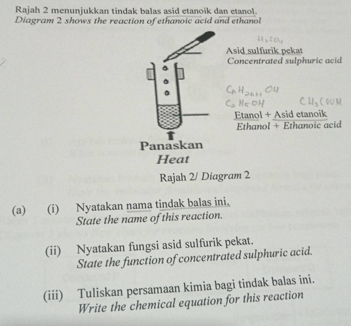 Rajah 2 menunjukkan tindak balas asid etanoik dan etanol. 
Diagram 2 shows the reaction of ethanoic acid and ethanol 
Asid sulfurik pekat 
Concentrated sulphuric acid 
Etanol + Asid etanoik 
Ethanol + Ethanoic acid 
Rajah 2/ Diagram 2 
(a) (i) Nyatakan nama tindak balas ini. 
State the name of this reaction. 
(ii) Nyatakan fungsi asid sulfurik pekat. 
State the function of concentrated sulphuric acid. 
(iii) Tuliskan persamaan kimia bagi tindak balas ini. 
Write the chemical equation for this reaction