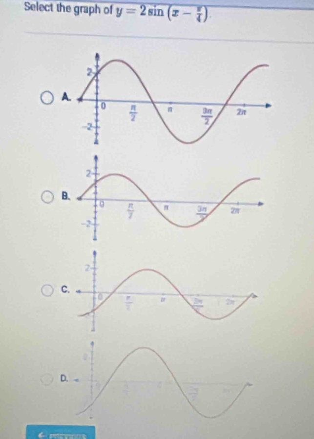 Select the graph of y=2sin (x- π /4 )
A.
B、
C.