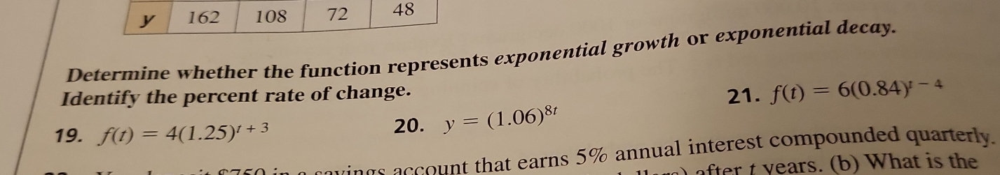 162 108 72 48 
Determine whether the function represents exponential growth or exponential decay. 
Identify the percent rate of change. 21. f(t)=6(0.84)^t-4
19. f(t)=4(1.25)^t+3 20. y=(1.06)^8t
gs account that earns 5% annual interest compounded quarterly. 
after t years. (b) What is the