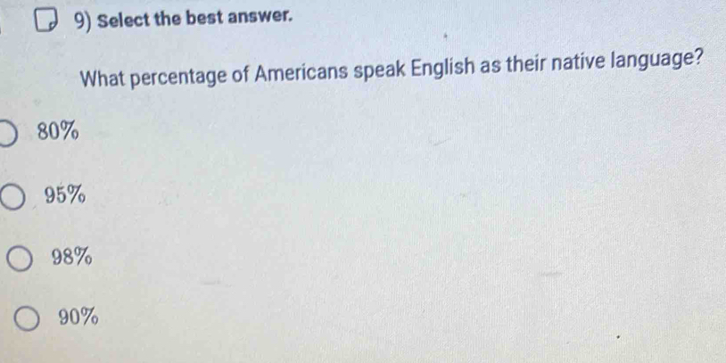 Select the best answer.
What percentage of Americans speak English as their native language?
80%
95%
98%
90%